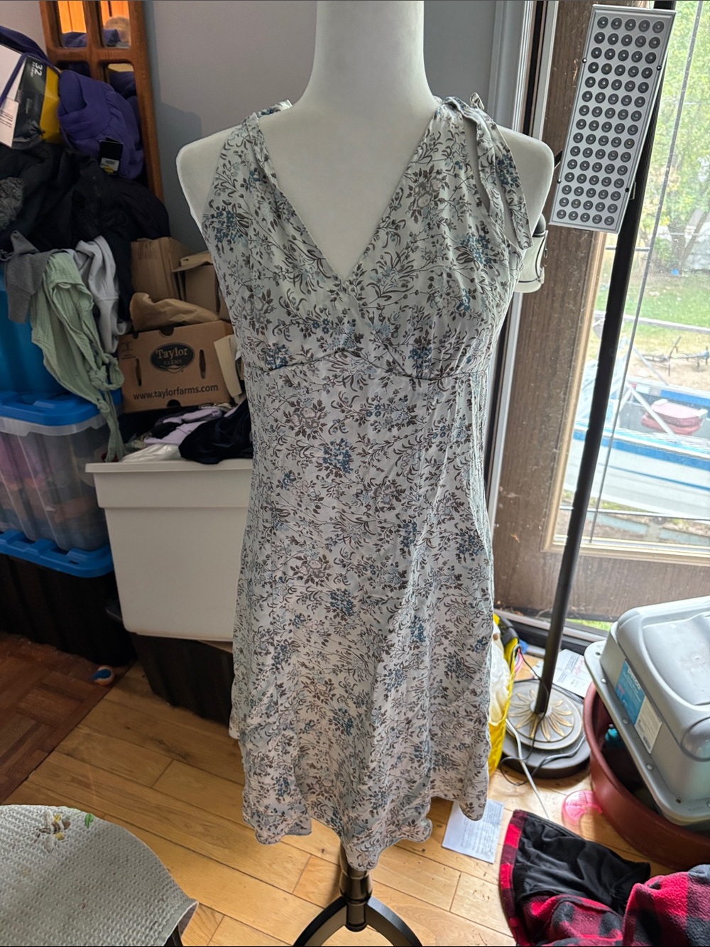kenzie Silk Midi Dress with Light Blue and Gray Floral Print